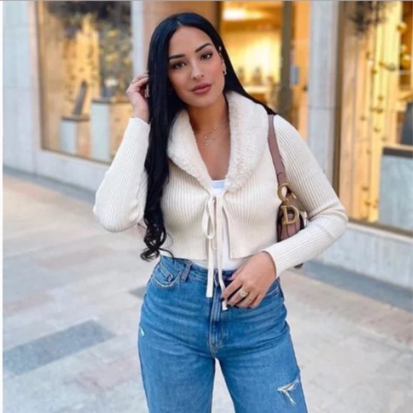 BLOGGER'S FAVE! Faux Fur Knit Cardigan Ecru NWT - Picture 7 of 17